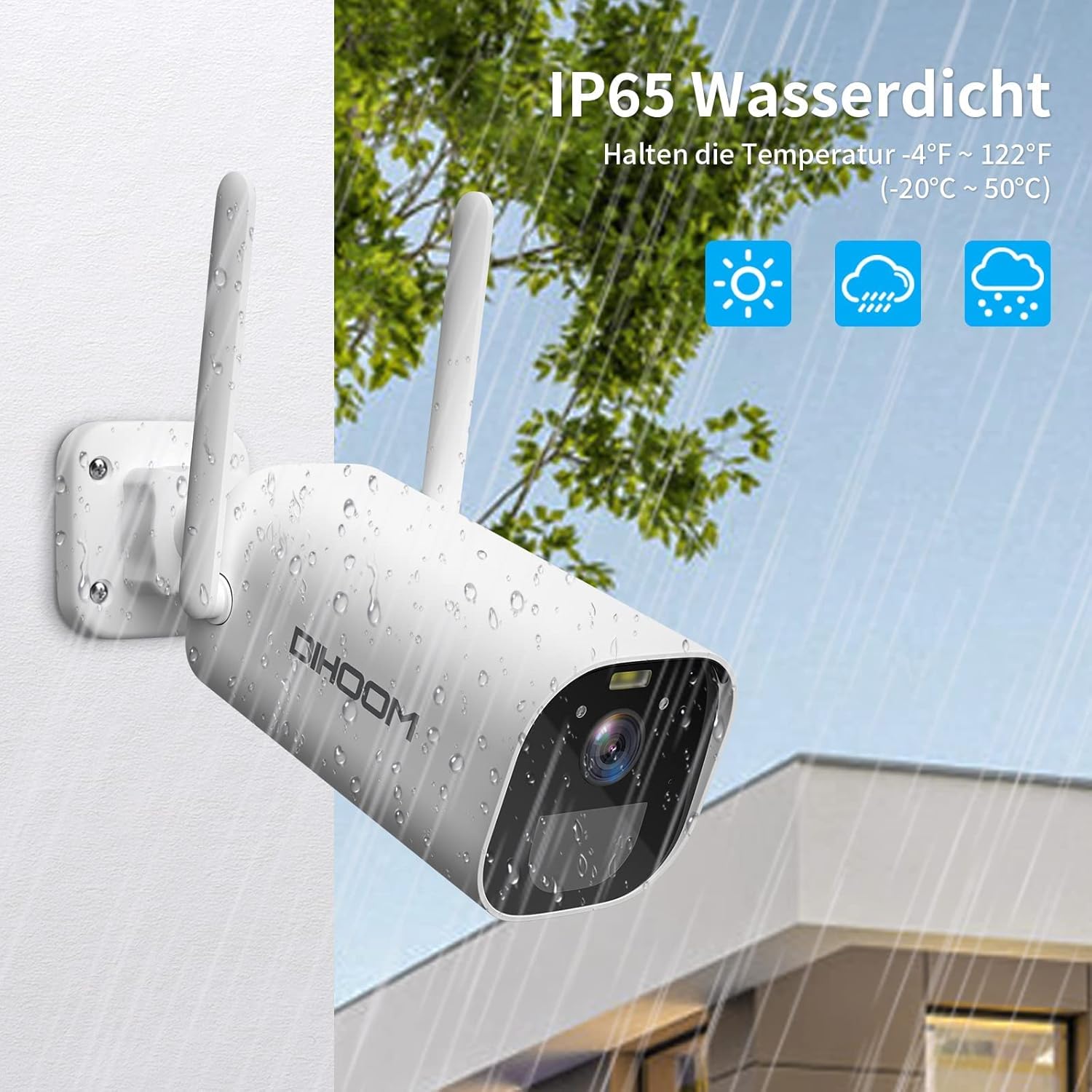 DIHOOM camera shown with rain and sun icons, indicating IP65 weather resistance.
