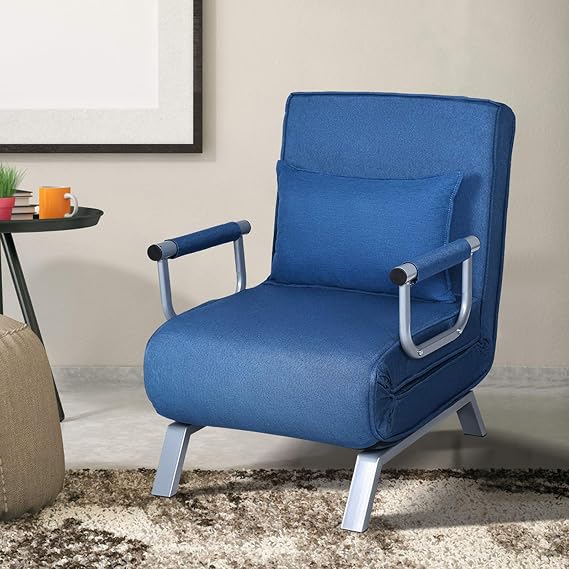 Convertible Sleeper Chair Bed with 5 Position Adjustable Backrest, Folding Chairs Sleeper with Pillow, Upholstered Seat for Bedroom Home, Blue