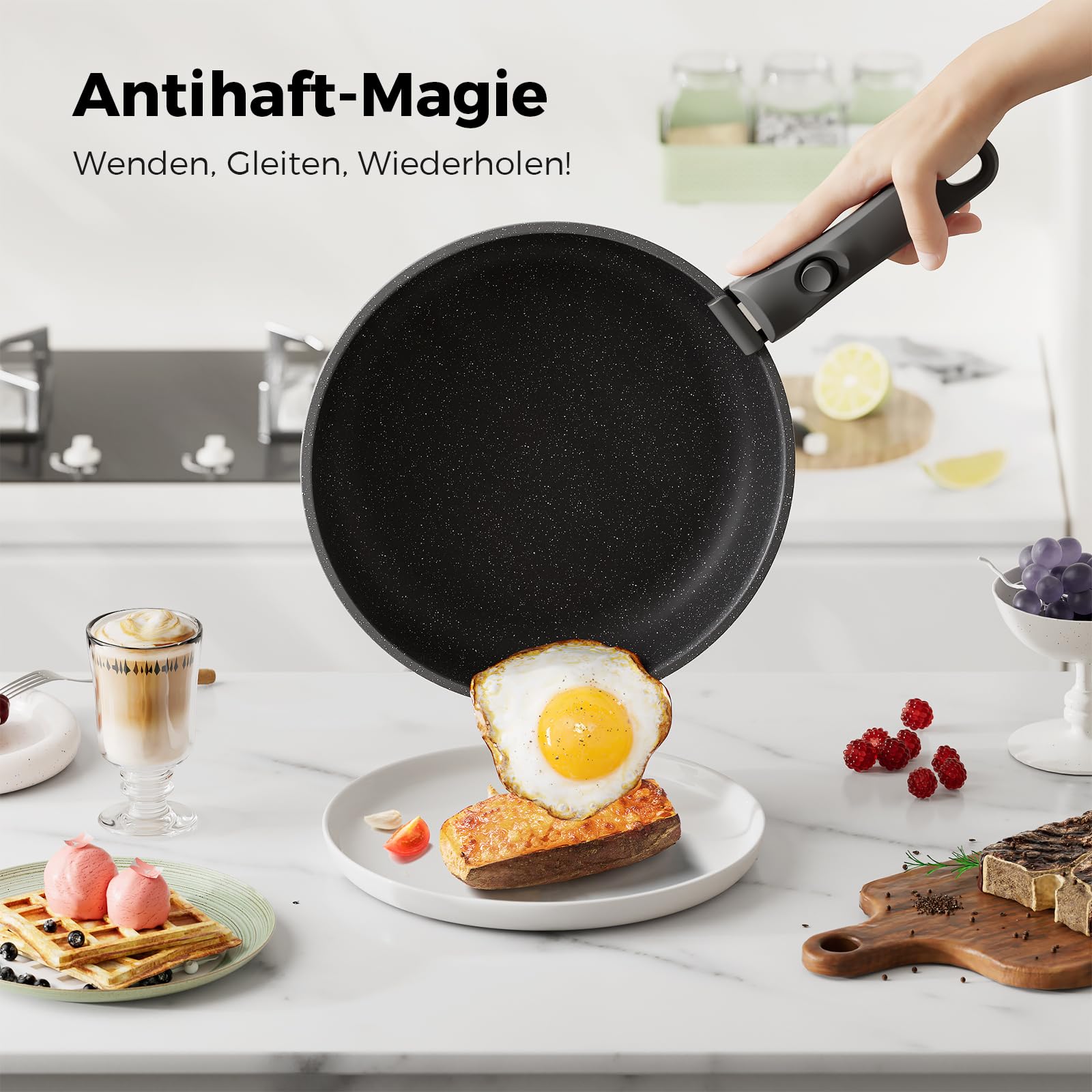 YASHE 20-teiliges Topfset mit Antihaftbeschichtung, abnehmbare Griffe, induktionsgeeignet, Backofen bis 230 °C, spülmaschinenfest, stapelbar, ideal für Familien, Grau