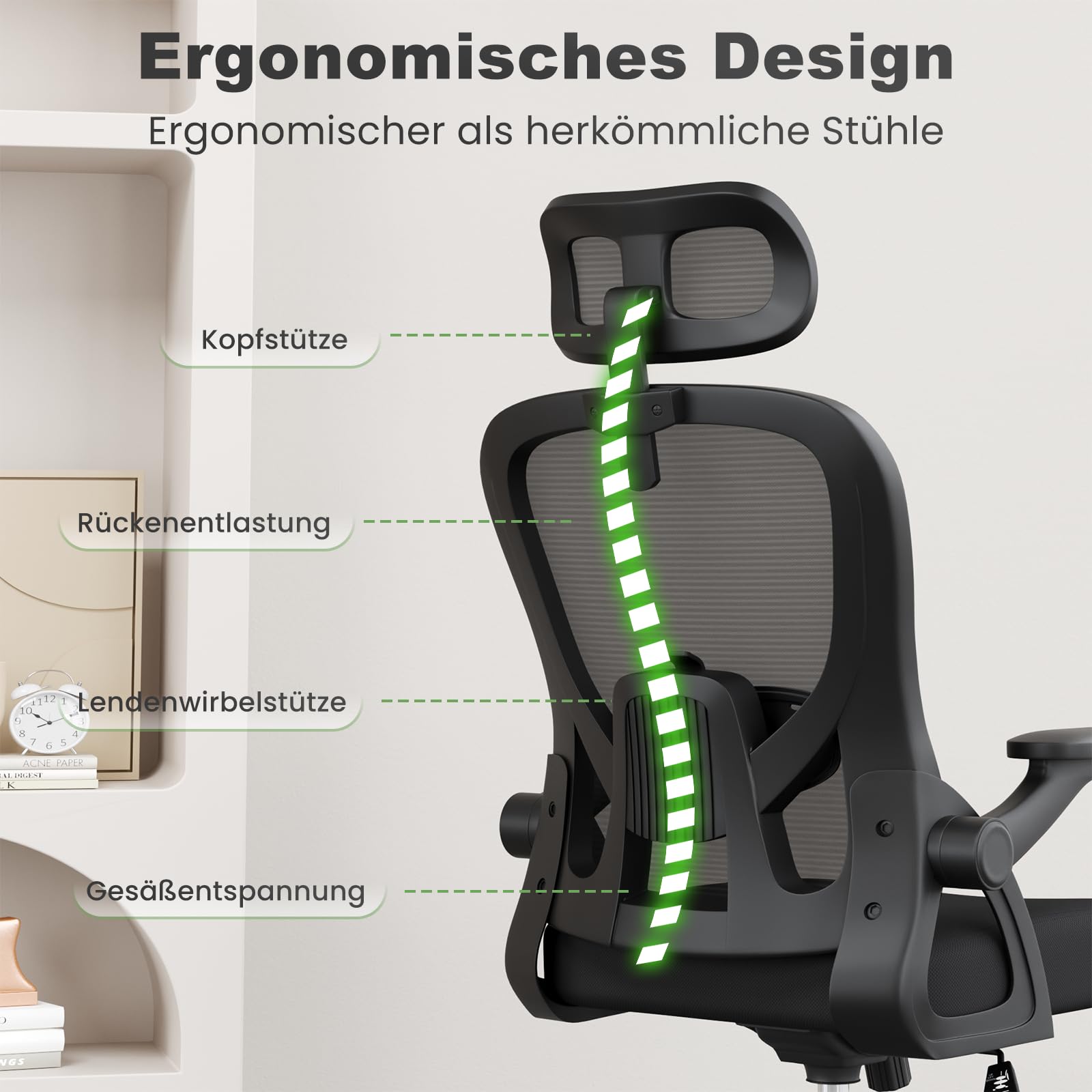 rattantree Bürostuhl, Schreibtischstuhl mit Verstellbarer Rückenlehne/Kopfstütze/Hochklappbaren Armlehnen, Kleiner Drehstuhl mit Wippfunktion 135°, Bürostuhl Ergonomisch mit Netzbezug, Schwarzer