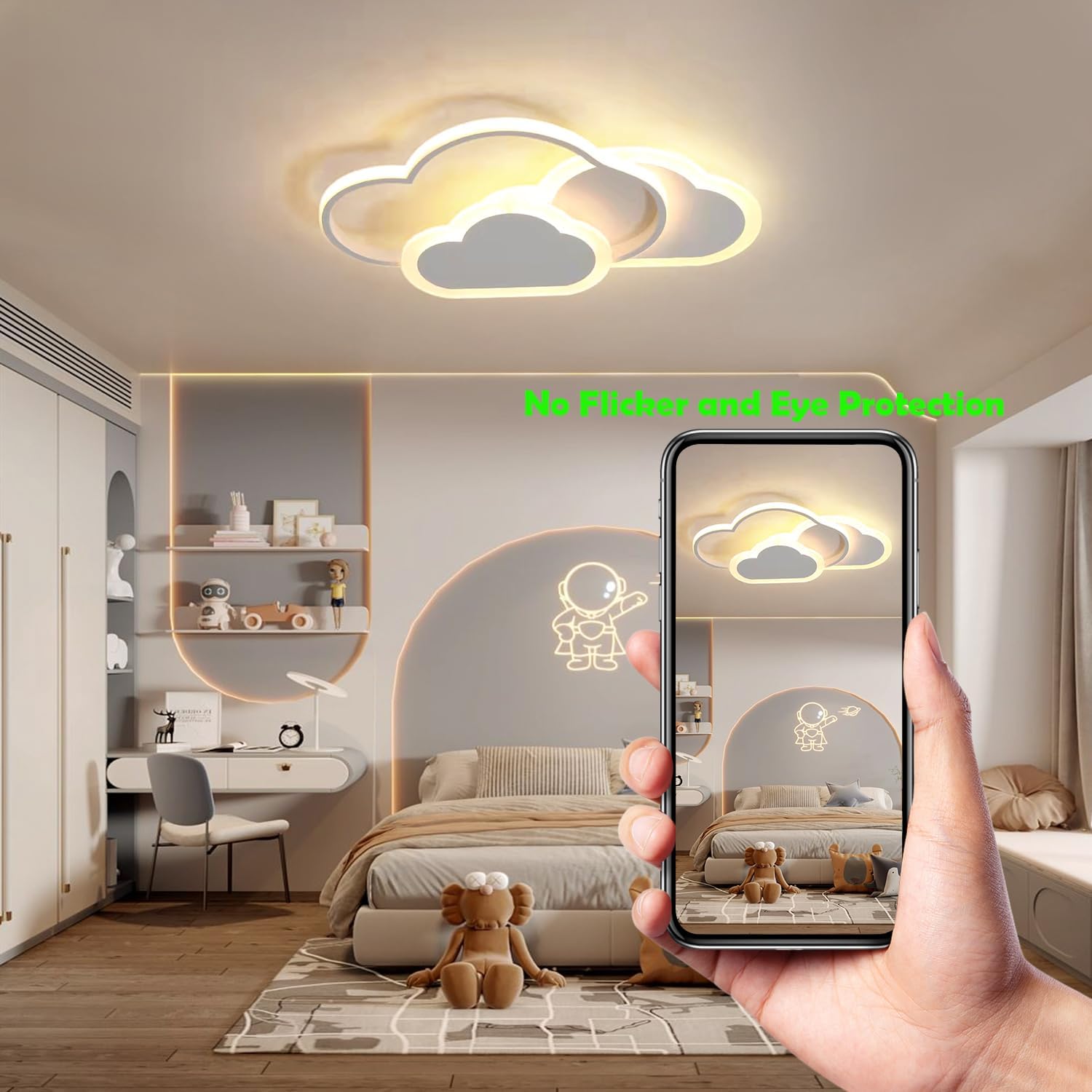 Plafoniera Cameretta Bambini, 62cm 48W Plafoniera Led Soffitto Dimmerabile Lampadario Cameretta Creative Nuvola Lampade a Soffitto Cameretta Bambina per Camera da Letto, Camera dei Bambini