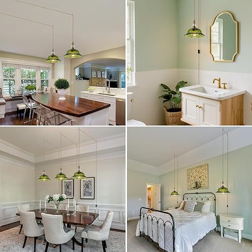 Miniatura 7 de Lámpara colgante enchufable. Lámpara de araña retro de cristal verde. Dormitorio, sala de estar, comedor, pasillo, vestíbulo, isla de cocina. Viene