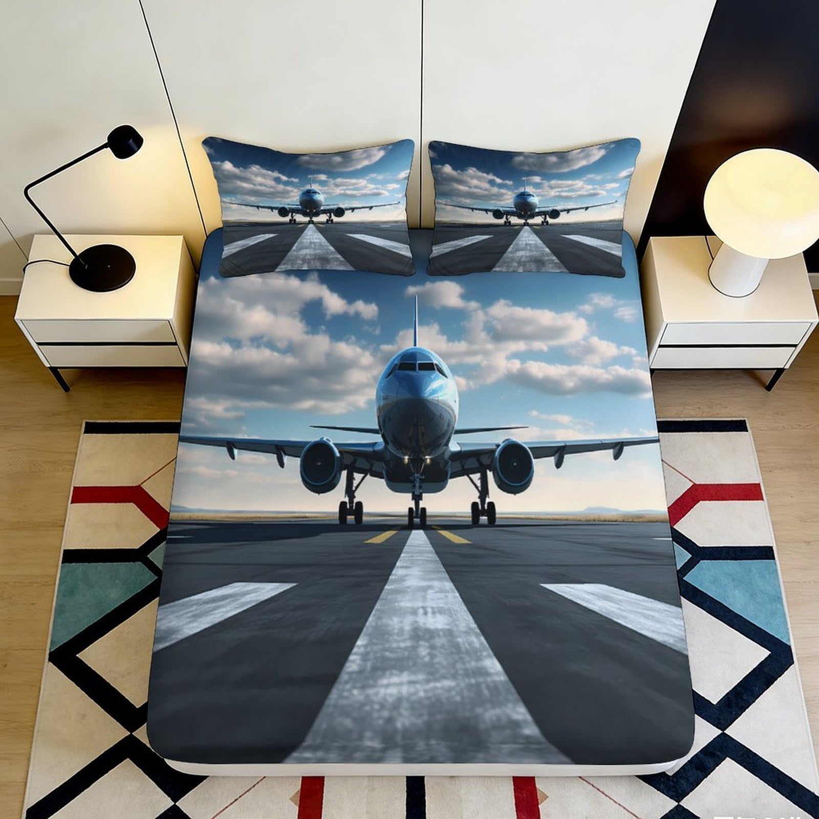 3D Printed Runway Aircraft Fitted Sheet Microfiber Soft Breathable Airplane Bed Cover for Bedroom Guest Room Decor 90x200x25cm