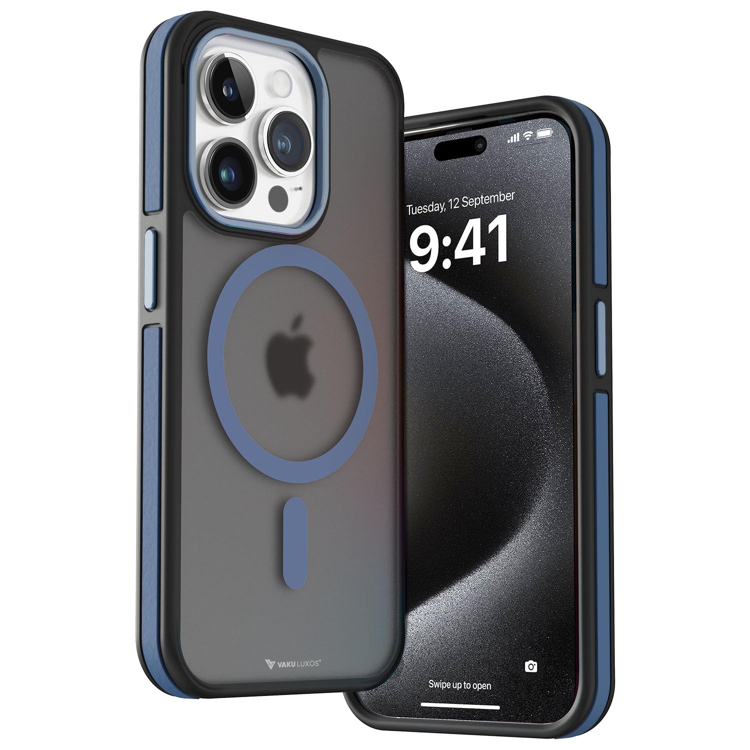 Vaku Luxos Polycarbonate Elemento Magpro Back Cover Case For iPhone 15 Pro Max Shockproof Scratch Resistant Slim Thin Military-Grade Protection Support Mag-Safe Wireless Magnetic Charging - Blue