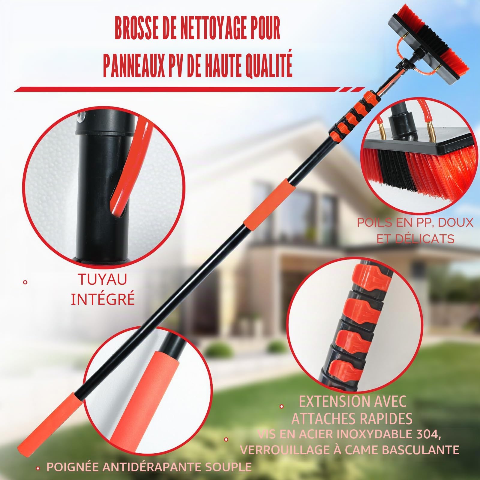 XDOVET Brosse de nettoyage télescopique 7,2 mètres - Brosse de nettoyage avec manche télescopique - Extensible pour nettoyer les toits de terrasse - Ensemble de nettoyage pour jardin d'hiver
