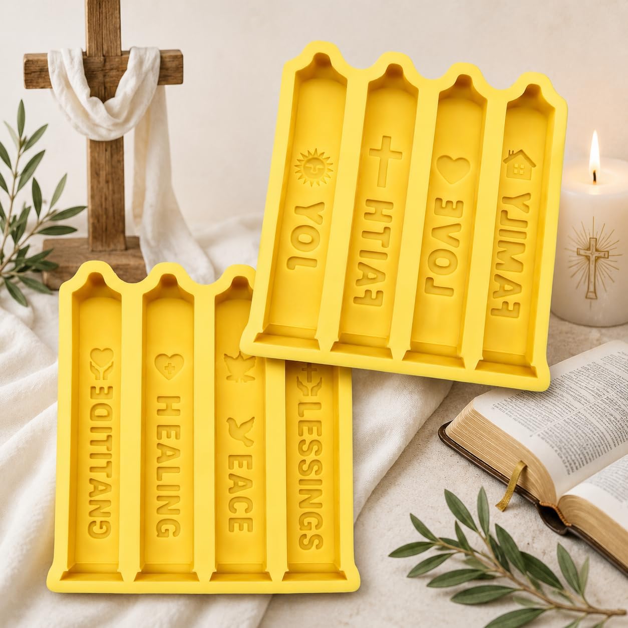 Wish Candle Mold Set, 2 Silicone Molds for Candles with Wishes, 8 Designs: Joy, Faith, Love, Family, Gratitude, Health, Peace and Blessings, Christmas Candle Molds.