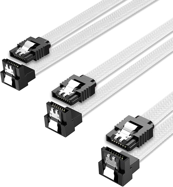 QIVYNSRY 3PACK SATA Cable III 3 Pack 90 Degree Straight to Right Angle 6Gbps HDD SDD SATA Data Cable with Locking Latch 50cm 18 Inch for SATA HDD, SSD, CD Driver, CD Writer, White