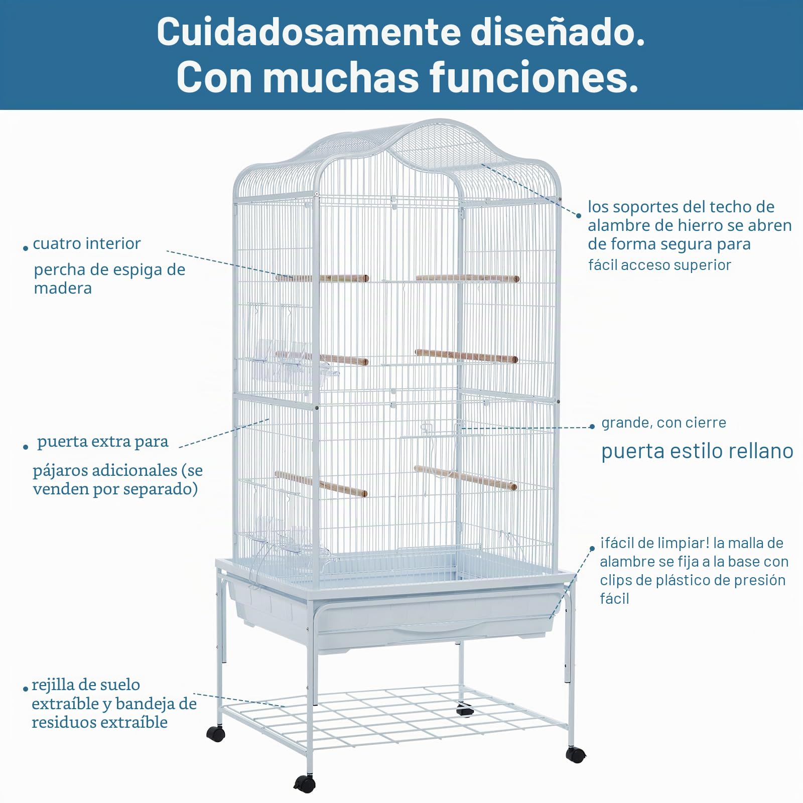 GarveeHome Jaula Extensa para Pájaros De Hierro Forjado con Ruedas 360° – Grande para Loros, Periquitos y Cotorras – Interior y Exterior con Bandeja Extraíble, Blanco