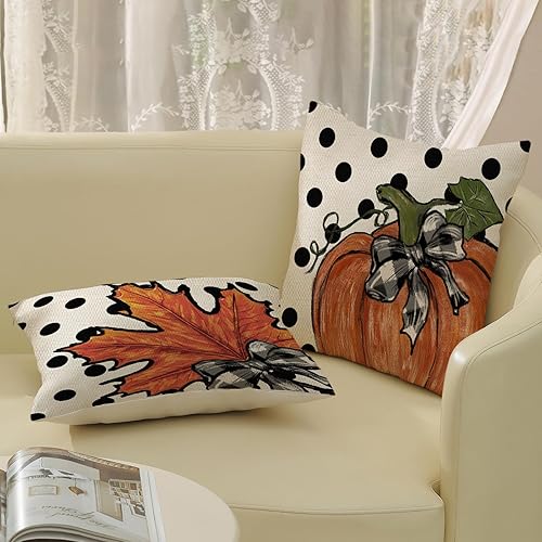 Miniatura 11 de Juego de 2 fundas de almohada de otoño de 18 x 18 pulgadas, hojas de arce de calabaza y búfalo a cuadros, decoración de otoño, de lino, Acción