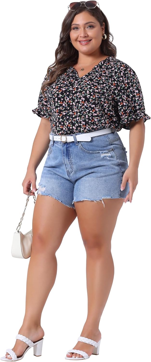 Agnes Orinda Plus Size Summer Tops for Women Floral V Neck Ruffle Puff Short Sleeve Casual Blouse Top - Image 3