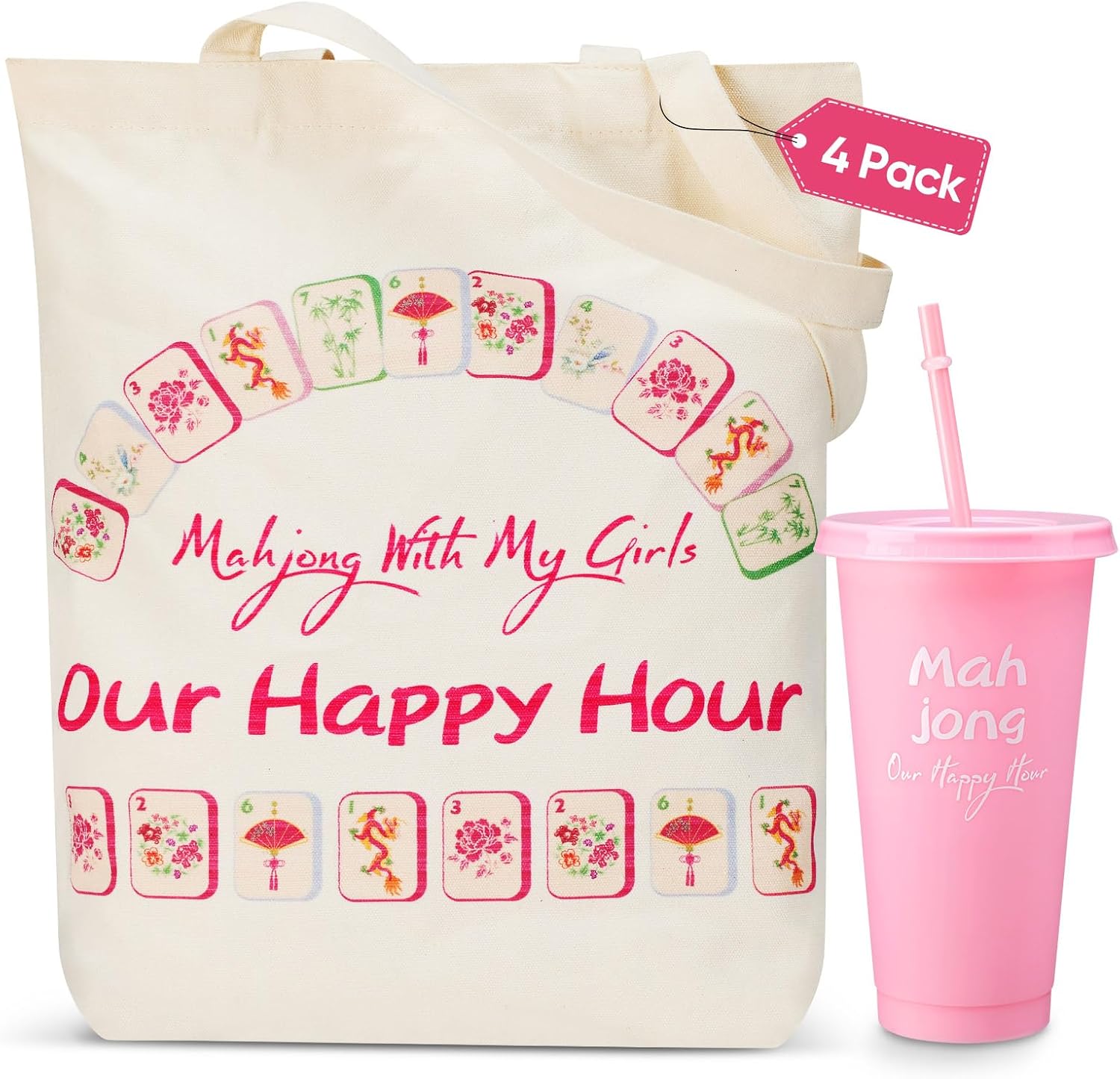8 Pack Mahjong Gifts for Women, 4 Canvas Mahjong Tote Bags with Inner Zipper Pocket & 4 Plastic Pink Tumblers 24oz