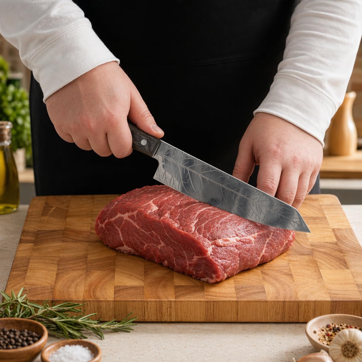 8-Inch Leaf‑etched Chef Knife –ALLWIN HOUSEWARE Deep Electro‑etched Leaf Pattern with 3D Air‑Pocket Design, Premium Stainless Steel Blade & Ergonomic Wood Handle for Kitchen Cooking Gift Grey — Amazon image 7