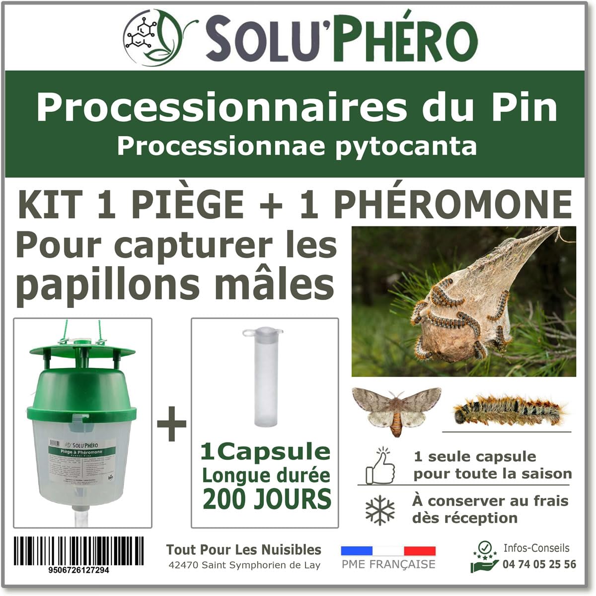 SOLUPHERO - Kit Piège Entonnoir Funnel Trap + phéromone Longue durée Contre la Chenille de la processionnaire du pin - Efficace 6 Mois (200 Jours) - Lutte Biologique - A Installer de Juin à Septembre