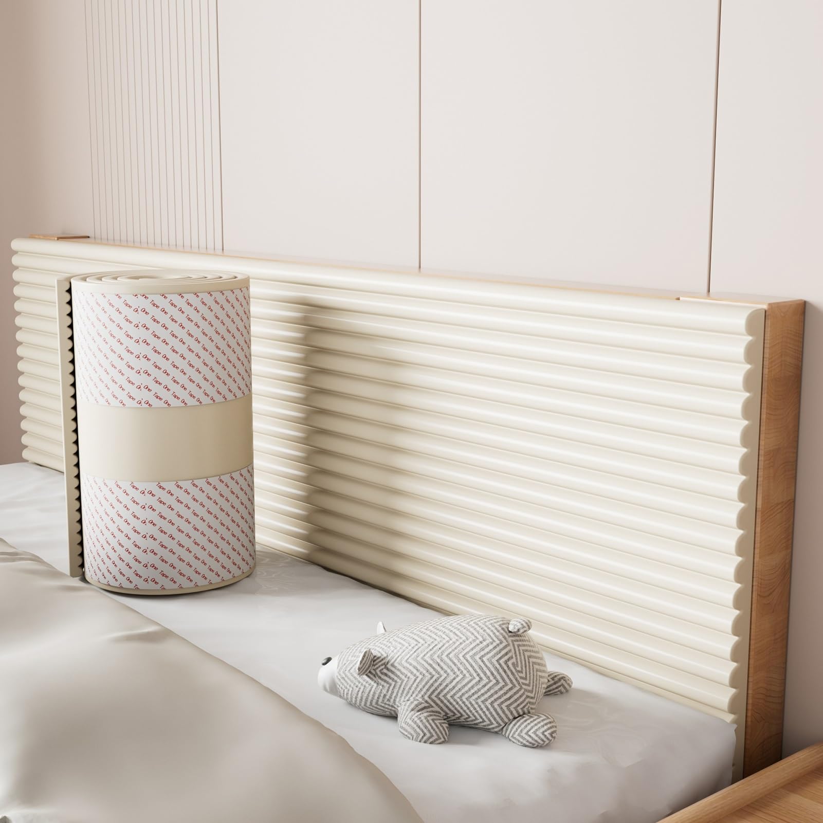 Wandpaneele Gepolstert für Kinderzimmer - 200 cm Wandpolster Selbstklebend, 1 cm Dick Anti-Kollision Wandkissen Bett Kopfteil, Polsterpaneel Wand Wandschutz Bett für Kinder(Beige,30x200cm)