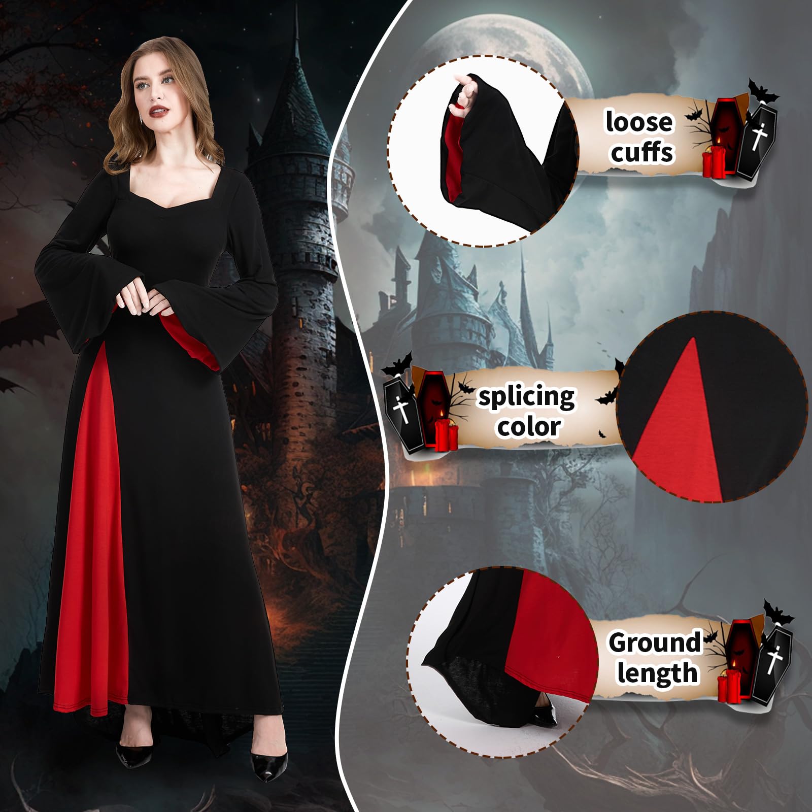 JDFAIJEAL Women's Gothic Vampire Dress, Black Long Sleeve Maxi Dress with Red Lining - Image 4