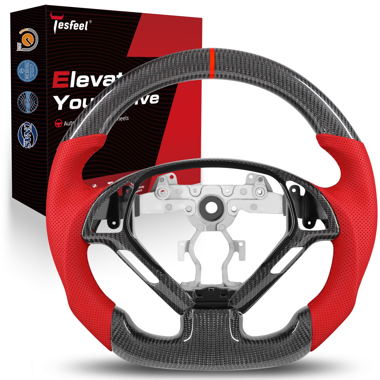 - Real Carbon Fiber Steering Wheel Compatible with Infiniti G37 G37X 2007-2013, D-Shape Flat Bottom Custom Upgrade with Red Nappa Perforated Leather, Red Stitching & Matching Trim