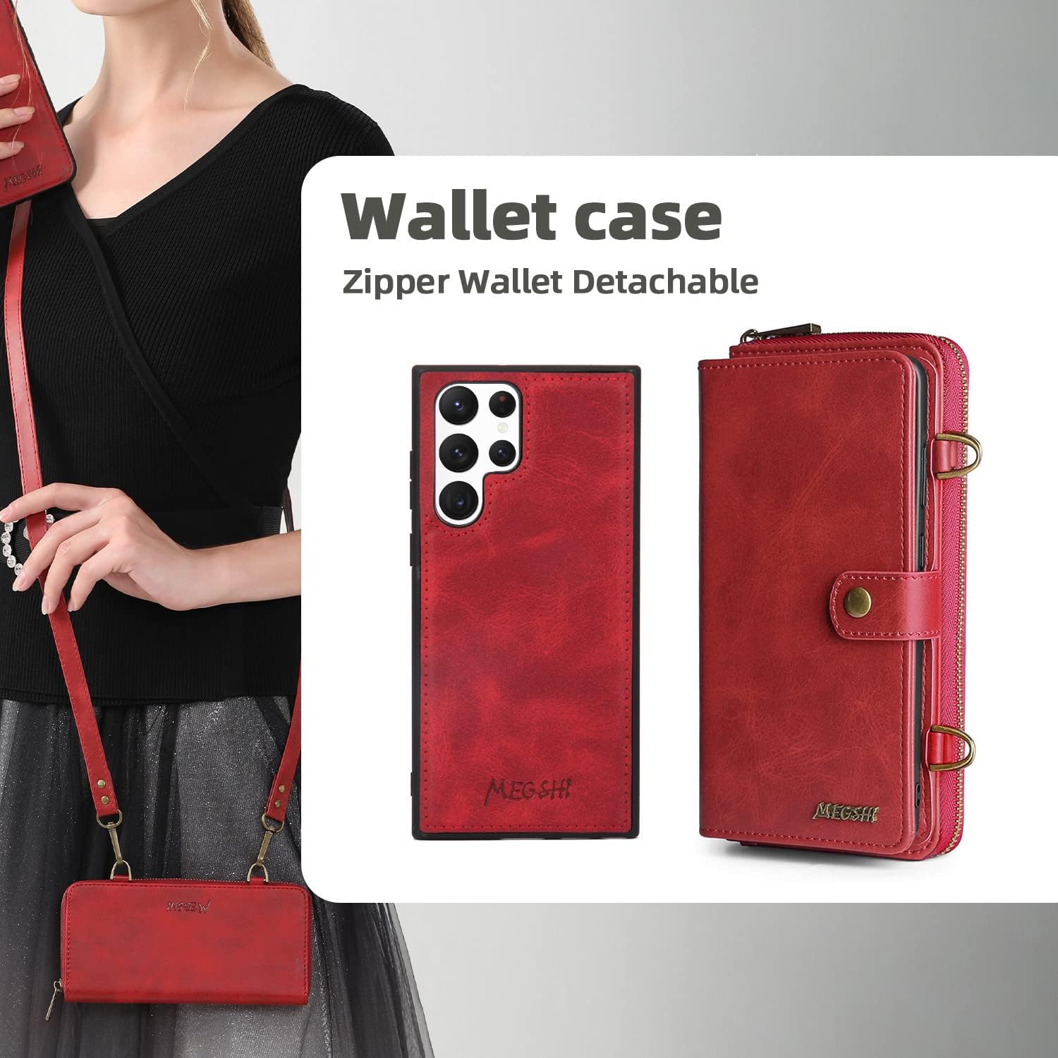Compatible with Samsung Galaxy S22 Ultra 5G Wallet Case Crossbody Shoulder Strap Card Holder Stand Multi-Function 2in 1 Detachable Magnetic Phone Cover for Gaxaly S22ultra 22S S 22 22ultra G5 Red