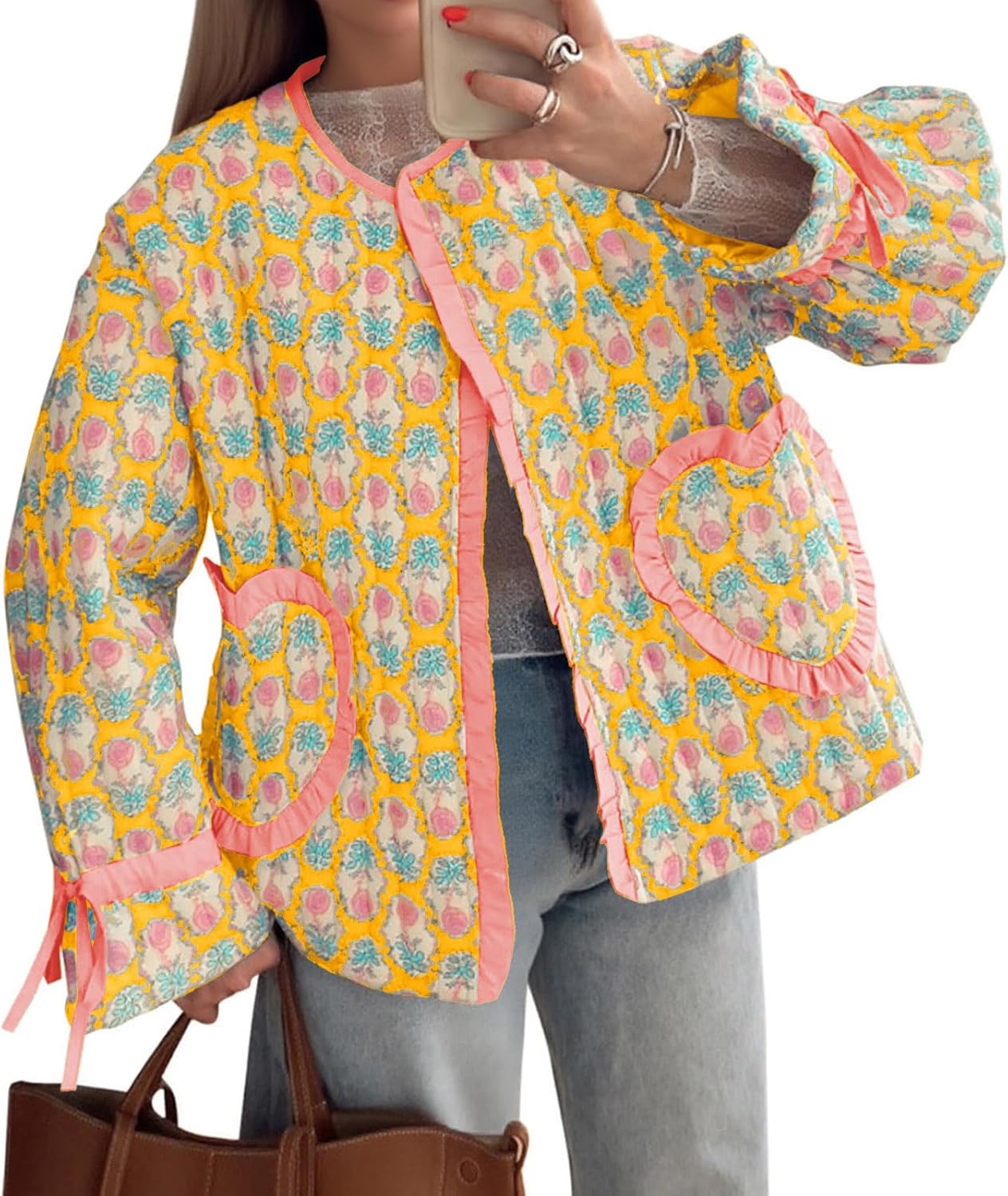 Tankaneo Womens Cropped Puffer Jacket Floral Print Open Front Quilted Jacket Bow Tie Heart Coat Lightweight Outerwear