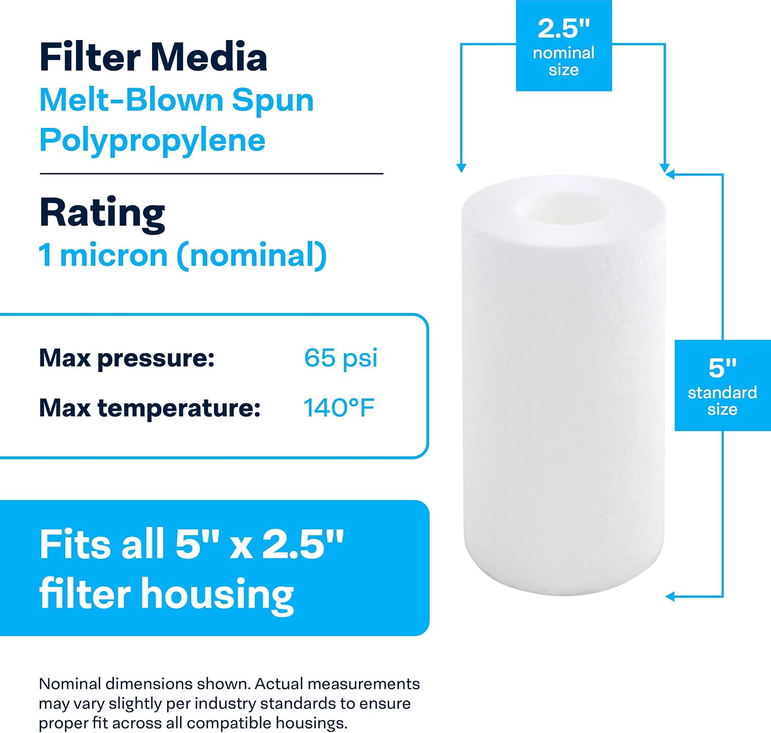 SpiroPure SP-P1-478 5x2.5 1 Micron Spun Melt-Blown Polypropylene Sediment Water Filter Cartridge SDC-25-0501 (Case of 24)