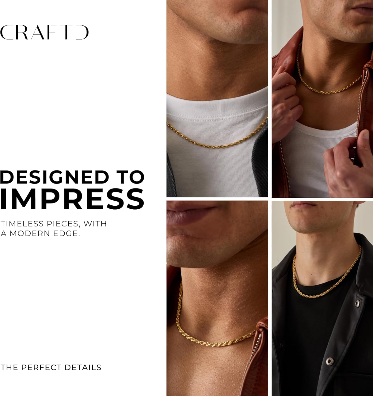 CRAFTD - Gold Rope Link Chain - Durable 18K Gold & 316L Stainless Steel - Waterproof, Heat & Sweat Resistant - Gifts for Men - Men's Jewelry