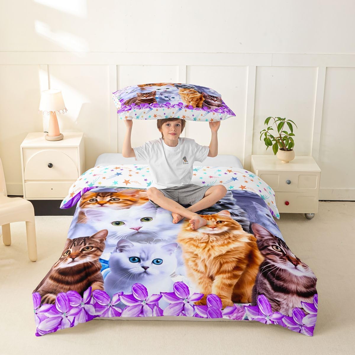 Cute Cat Duvet Cover Pet Funny Cats Toddler Bedding Set for Kids Boys Girls Lovers Cat Floral Purple Comforter Cover Feline Animal Lovely Decor Bedspread Cover with 2 Pillowcases 3Pcs Bedding Full