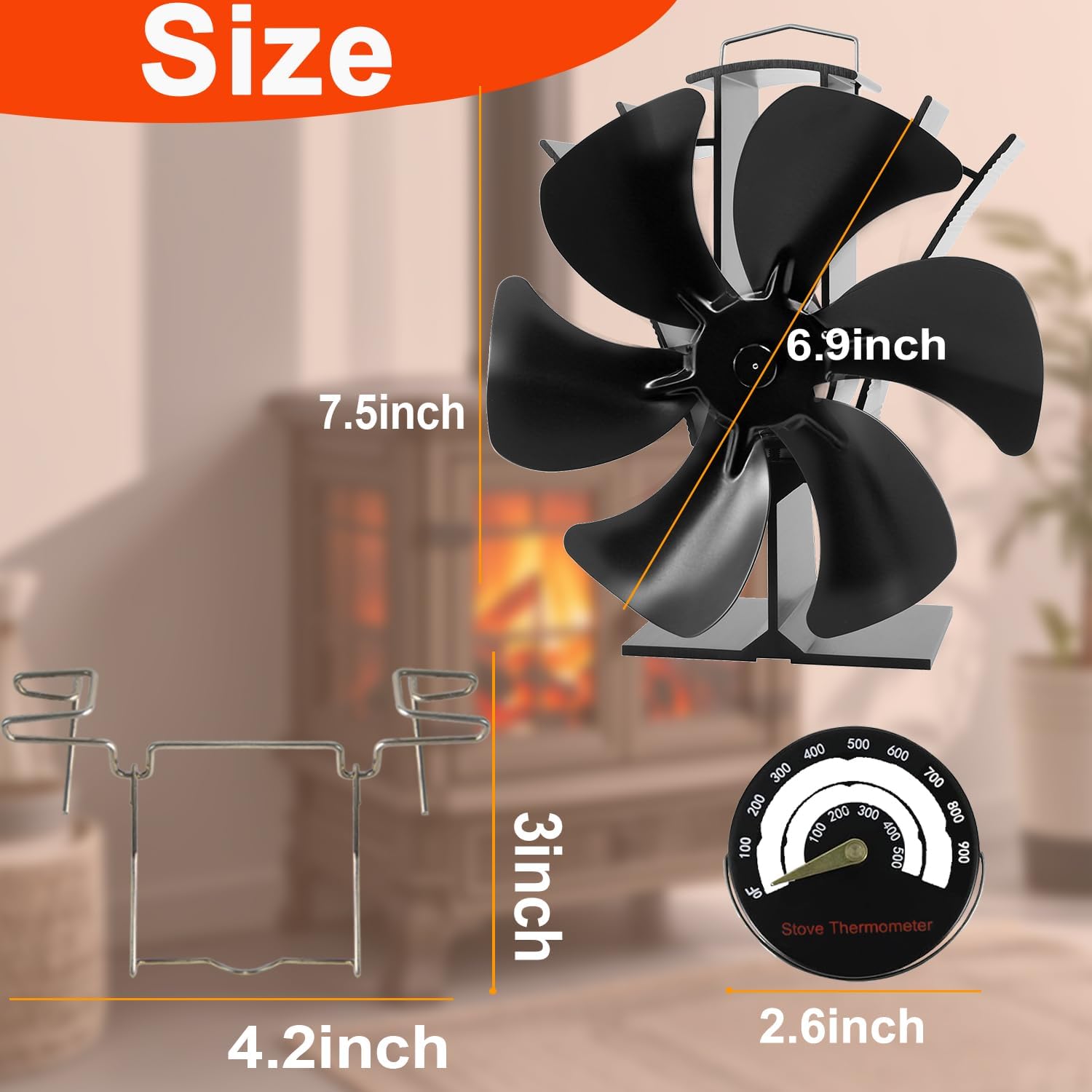 6 Blades Wood Stove Fan Heat Powered with Hook & Fireplace Thermometer, Non Electric Fireplace Fan for Indoor Wood Burning Stove Outdoor Camping Tent, Thermal Fan for Campers Homeowners