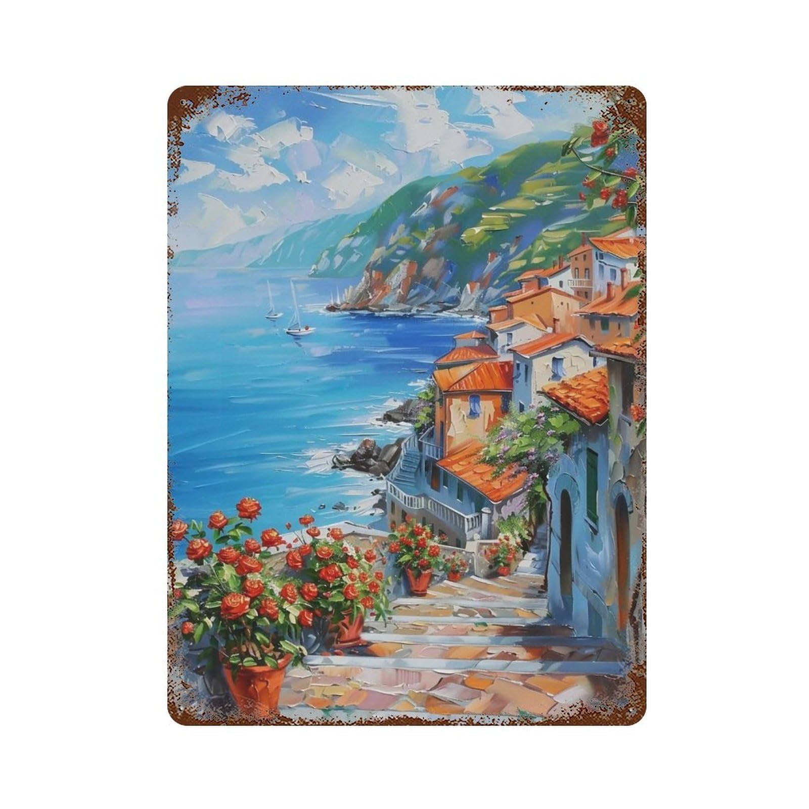 HDURYEYRYY Bright Blue Mediterranean Village Scene 01 Wall Retro Iron Vintage Art Metal Tin Sign Poster Modern Home Cofffee Club Art Bar Shop Decor 40x30cm