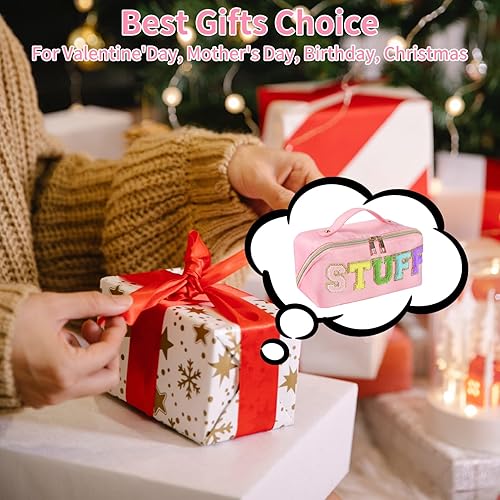 Miniatura 7 de Huifen Bolsa de aseo con letras bordadas, de chenilla, de nailon, impermeable, bolsa de aseo para mujer, portátil, multifuncional, de gran