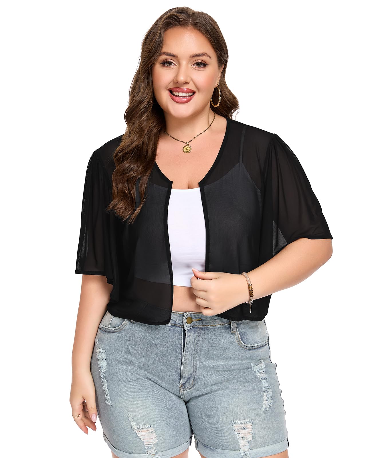 Womens Plus Size Sheer Mesh Bolero Shrugs for Evening Dresses Ruffled Short Sleeve Open Front Cropped Cardigans