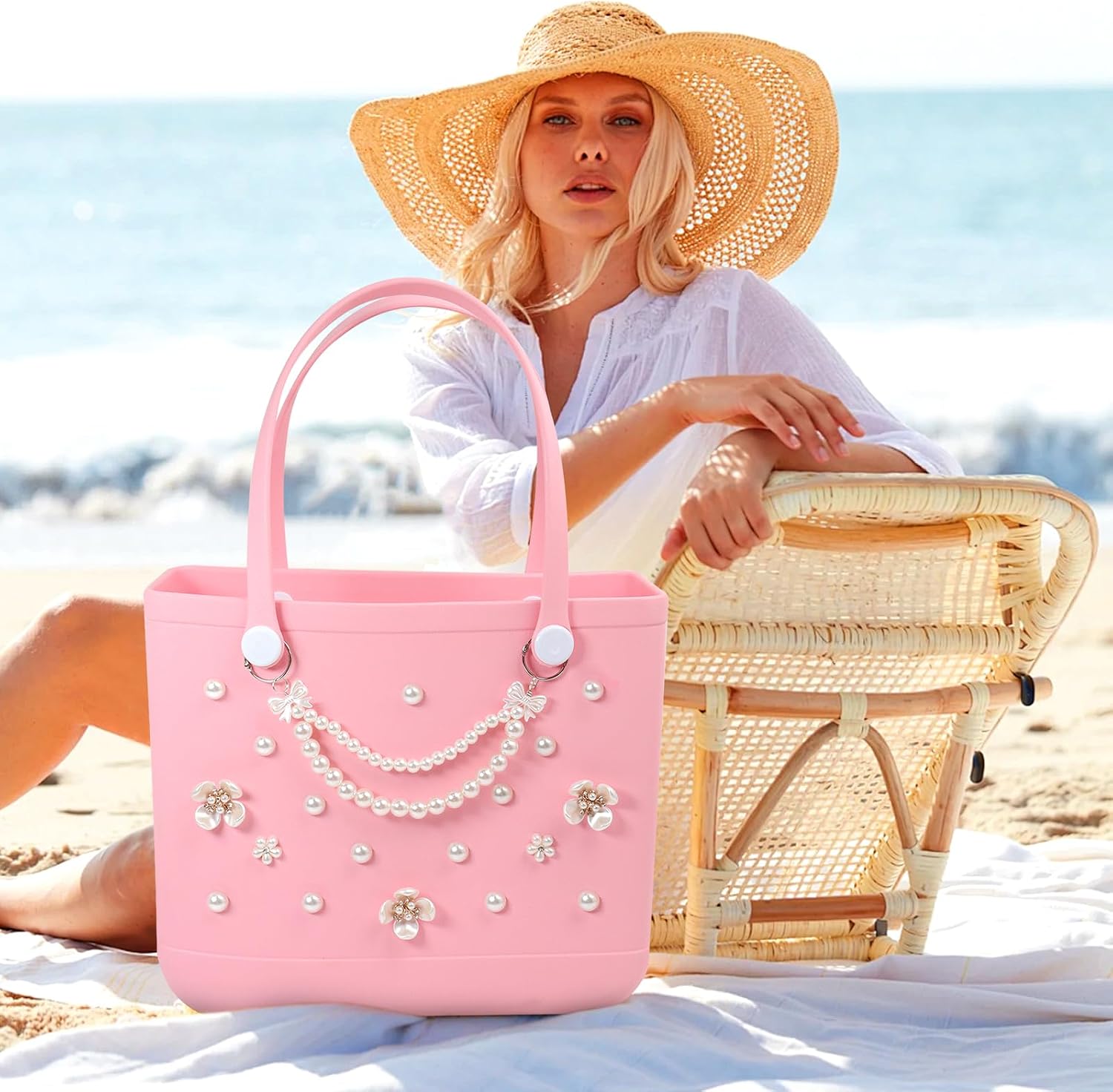 Charms for Bogg Bag, Pearls Flowers & Pearls Bow Chain for Bogg Bag, Compatible with Simply Southern Beach Bag Totes Accessories Charms , Pearl Bag Insert for Beach Tote Bag Birthday Favors (18 Pcs)
