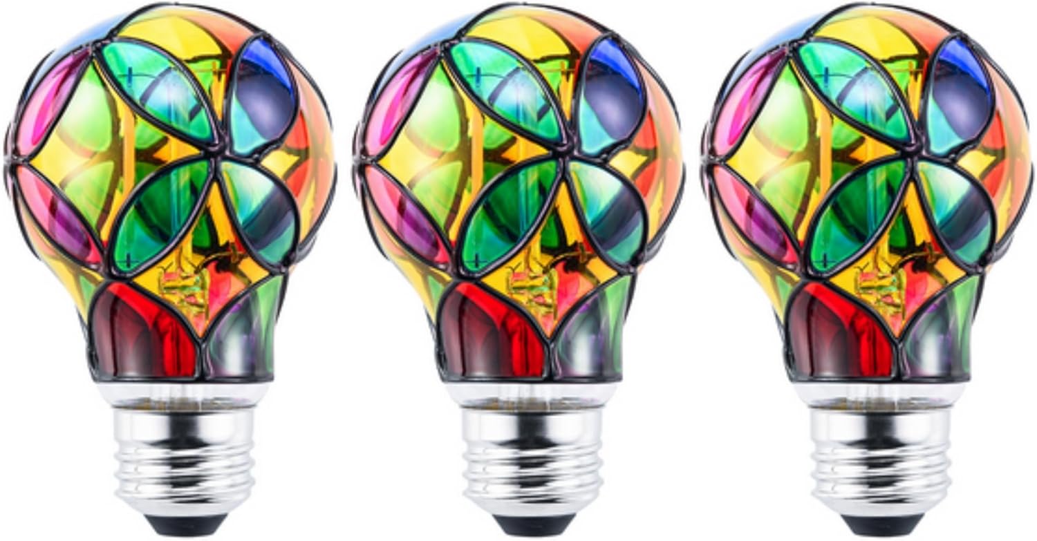 Lpraer 3 Pack Edison Stained Glass LED Light Bulb E26 Base A60 3.5W LED Colored Light Bulbs for Table Lamp, Chandelier, Floor Lamp, Wall Sconces (E26 Base A60-2)