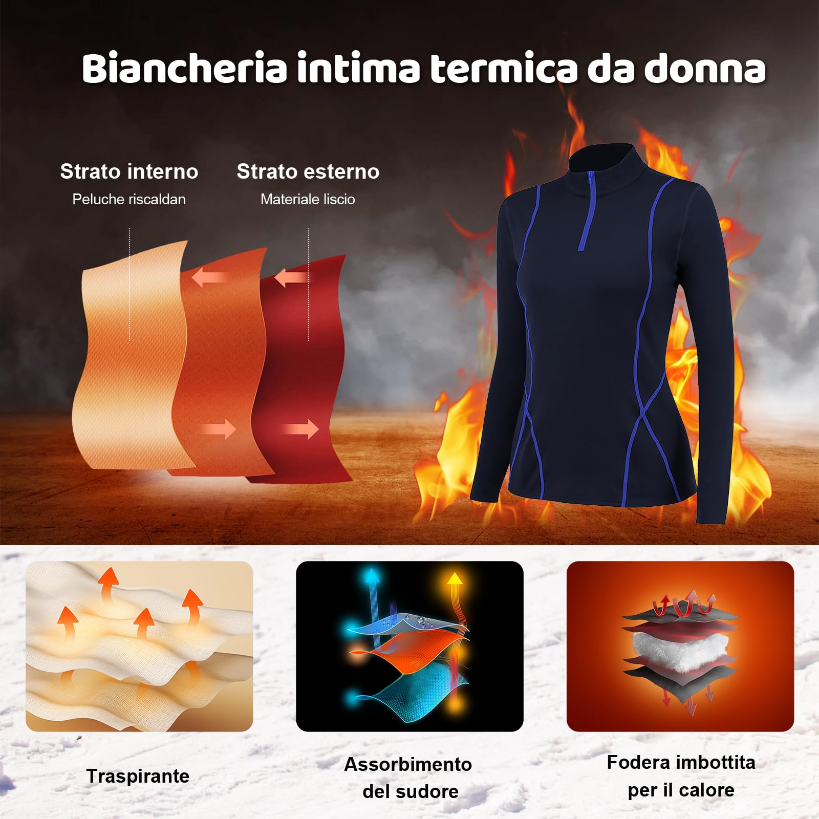 Fengzio Intimo Termico Donna Invernale, Maglia Termica Donna Funzionale Pantaloni e Maglia con Cerniera, Tuta Termica Donna Set per Sci Corsa Palestra