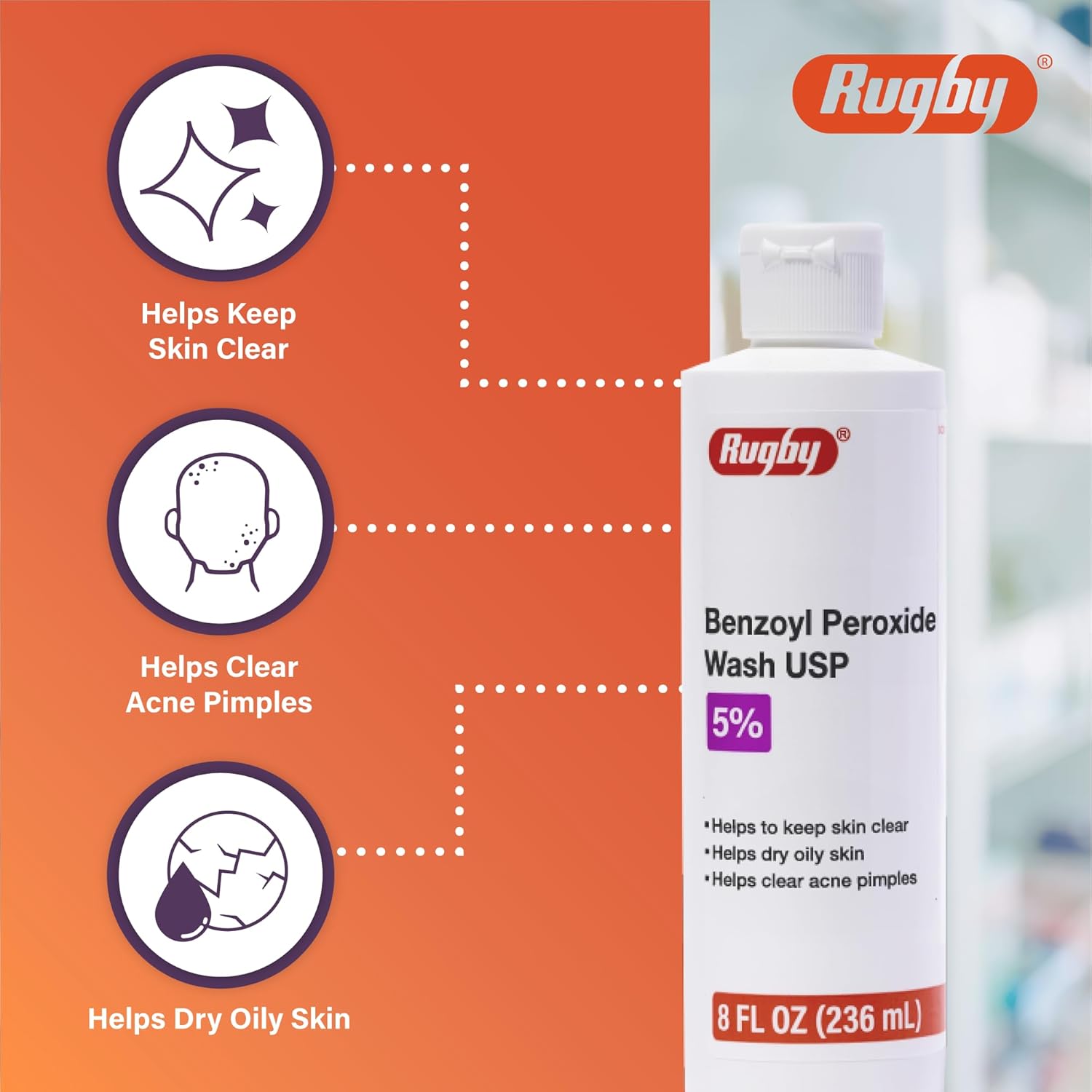 Rugby Benzoyl Peroxide Wash USP 5% - Helps to Clear Acne Pimples and Dry Oily Skin - Acne Medication - 8 Fl. Oz. - Image 3