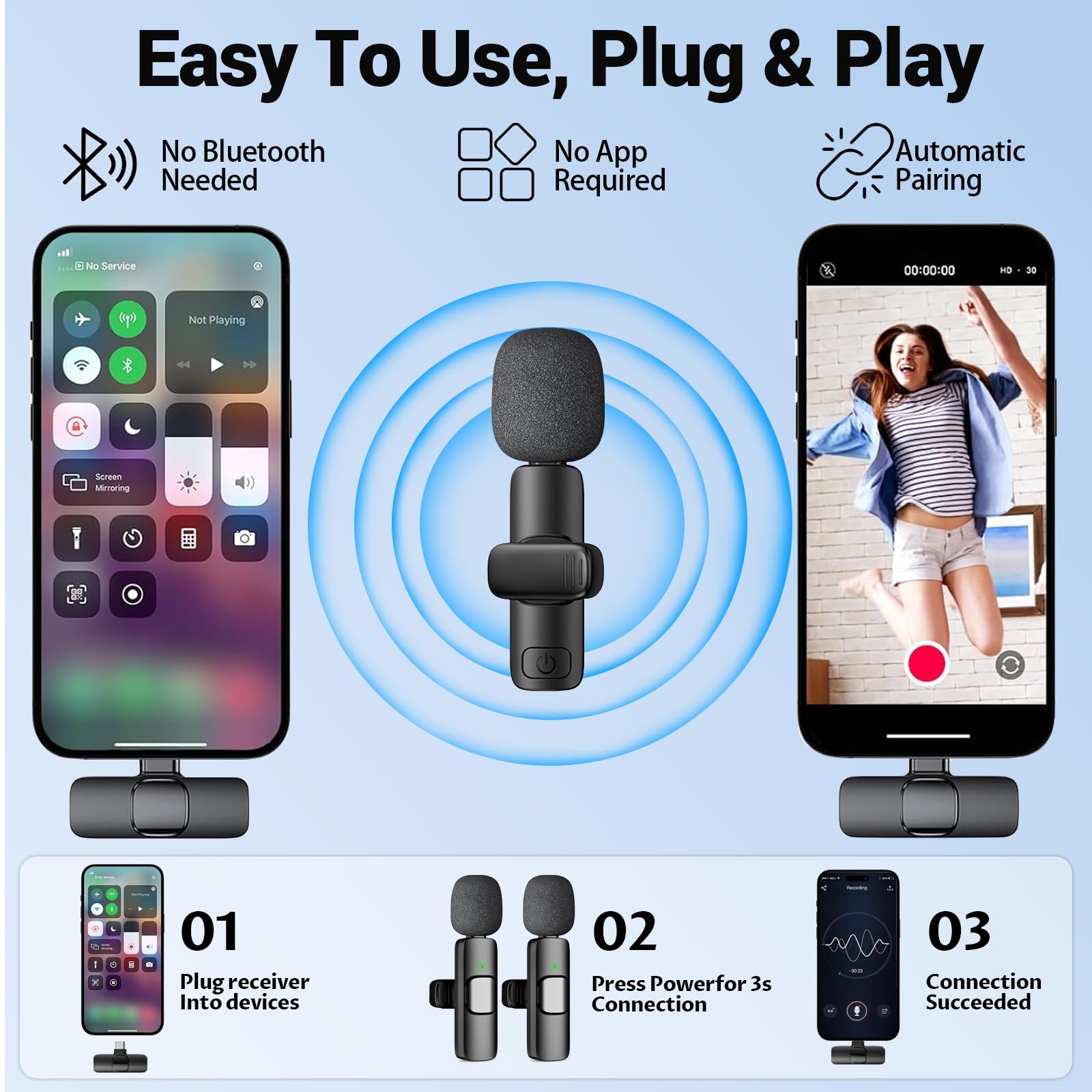 Micro Cravate sans Fil, Mini-Microphone à Clip Plug-and-Play avec Réduction de Bruit, Compatible iPhone, Android, Idéal pour Enregistrement Vidéo, Vlogs, TikTok, Youtube, Streaming en Direct