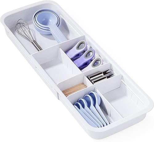 YouCopia DrawerFit - Bandeja deslizante para cajones con divisores ajustables, organizador de almacenamiento de cocina expandible, color blanco