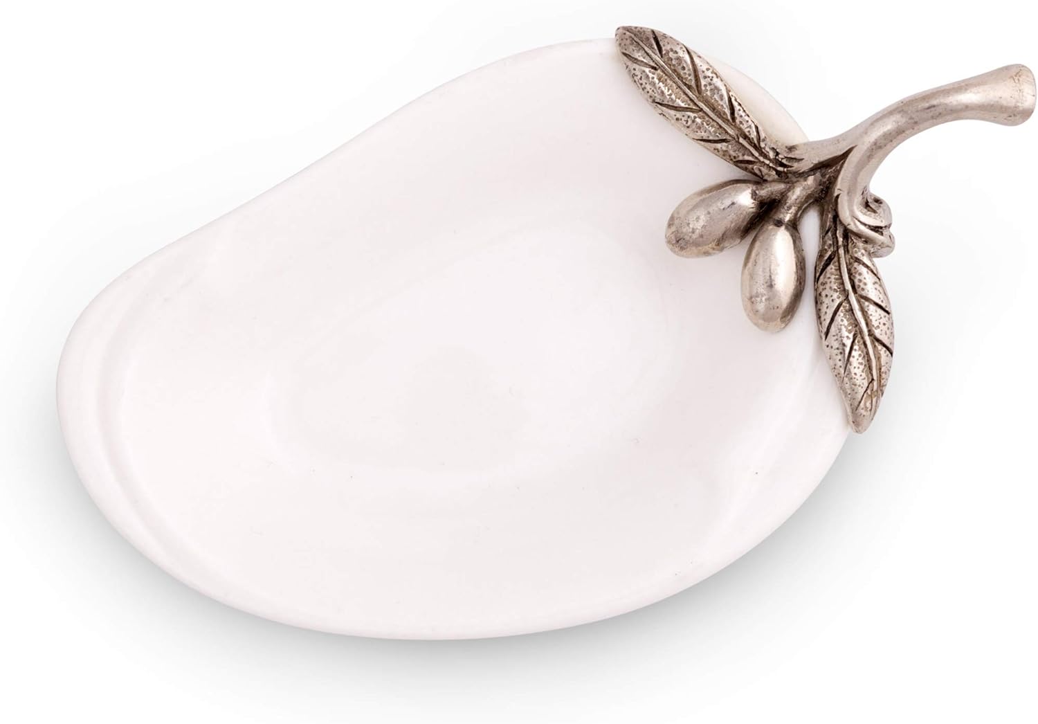 Vagabond House Porcelain Olive/Jam/Oil/Vinegar Server and Spoon Rest with Solid Pewter "Olive Branch" Accent 4.5 inch Long x 2.5 inch Wide