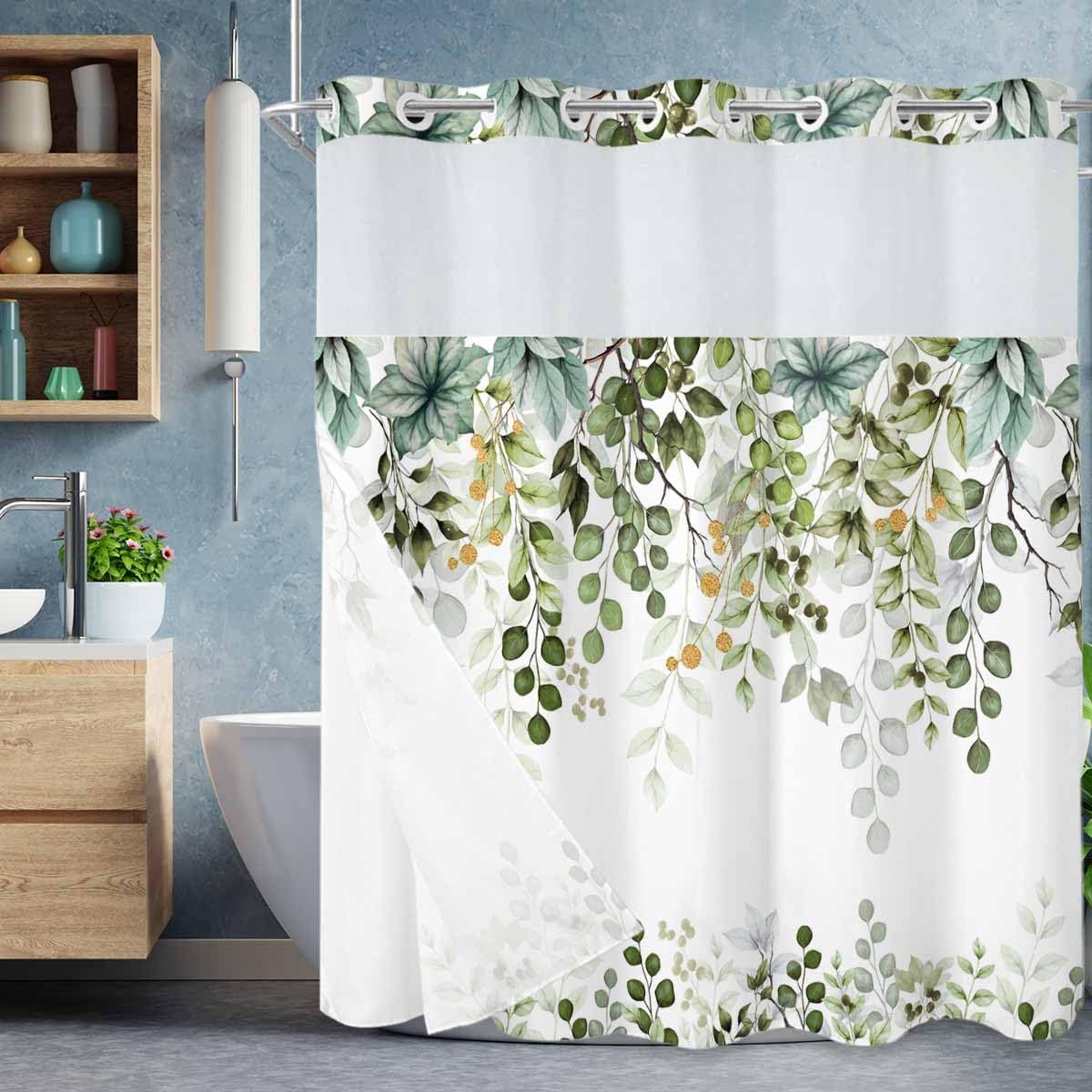 Sage Green Eucalyptus Leaf No Hook Shower Curtain with Snap in Liner for Bathroom, Abstract Leaves Shower Curtains, Waterproof Fabric Botanical Plants Shower Curtain with See Through Top Window,72x72