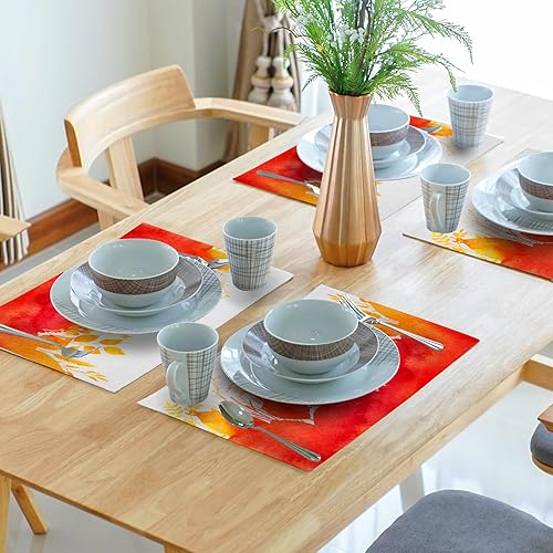 Miniatura 6 de Juego de 4 manteles individuales de otoño, manteles individuales abstractos de hojas de otoño naranja y rojo, manteles de mesa para el hogar,