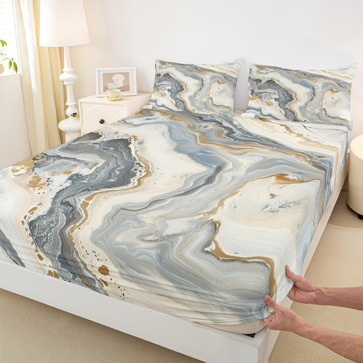Grey Marble Bed Sheets Golden Stone Fitted Sheet Retro Watercolor Artwork Sheets for Men Women Adults,Tie Dye Marbling Bedding Set,Modern Aesthetic Room Decor,Full