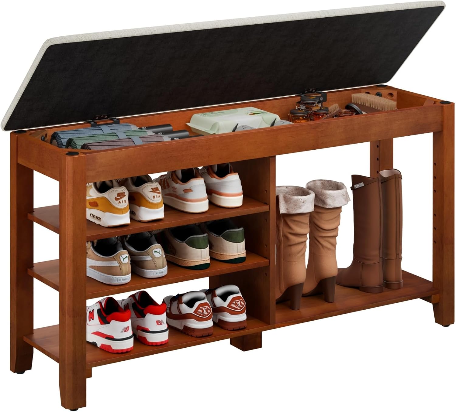 Shoe Rack Bench with Flip-Top Storage, Solid Wood Entryway Bench with Cushion, Adjustable Shelf, Shoe Organizer for Front Door Entrance, Hallway, Living Room, Mudroom (Beige, 39.4" L)