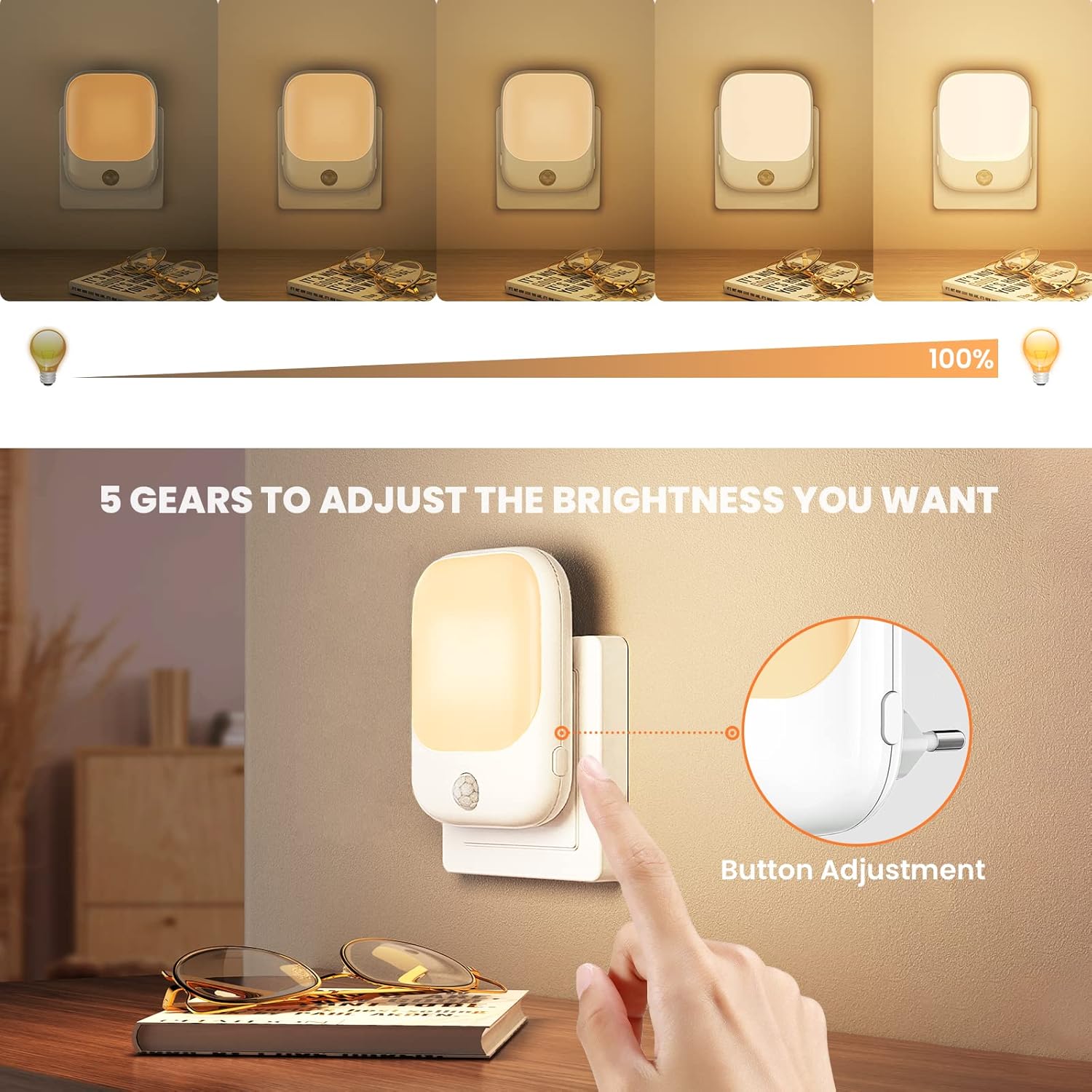 FOMYHEARD Lot 2 Veilleuses LED : Luminosité Réglable & Capteurs Crépuscule/Humain pour Nuits Sereines - Image détaillée