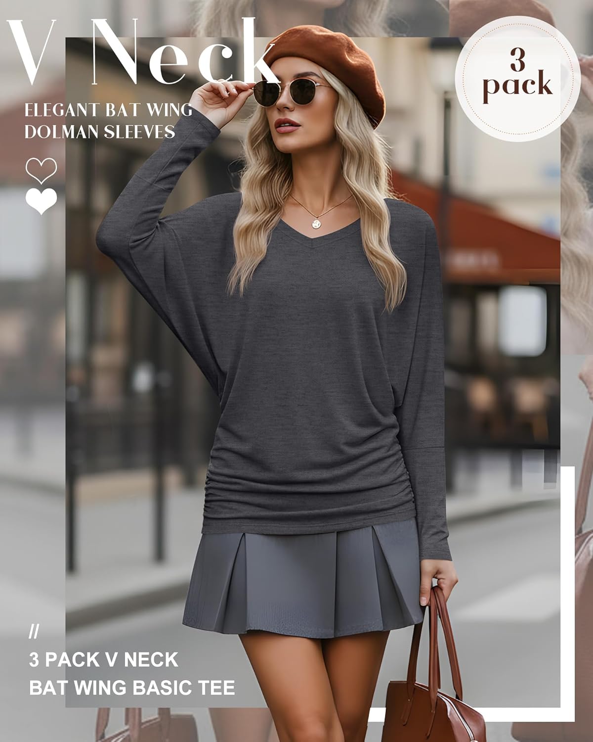 3 Pack Women's Dolman Long Sleeve Tops Casual Flowy Draped Side Ruched Shirts V Neck Lightweight Bat Wing Basic Tee - Image 3