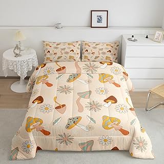 Castle Fairy 60s 70s Retro Mushroom Comforter Set Full Size,Groovy Flowers Floral Bedding Comforters for Girls Teens Gift,Boho Art Quilt Set with 2 Pillowcases,Chic