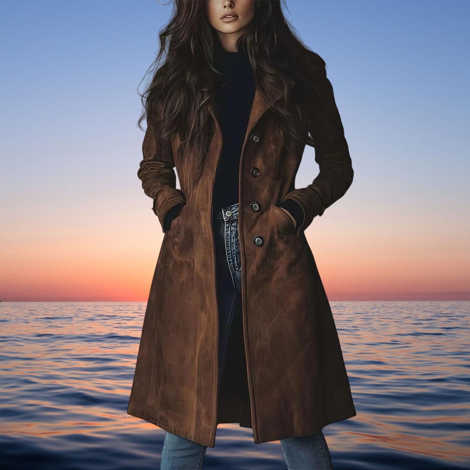 Trench lungo da donna in finta pelle scamosciata con risvolto monopetto, trench in finta pelle scamosciata, cappotto autunno inverno