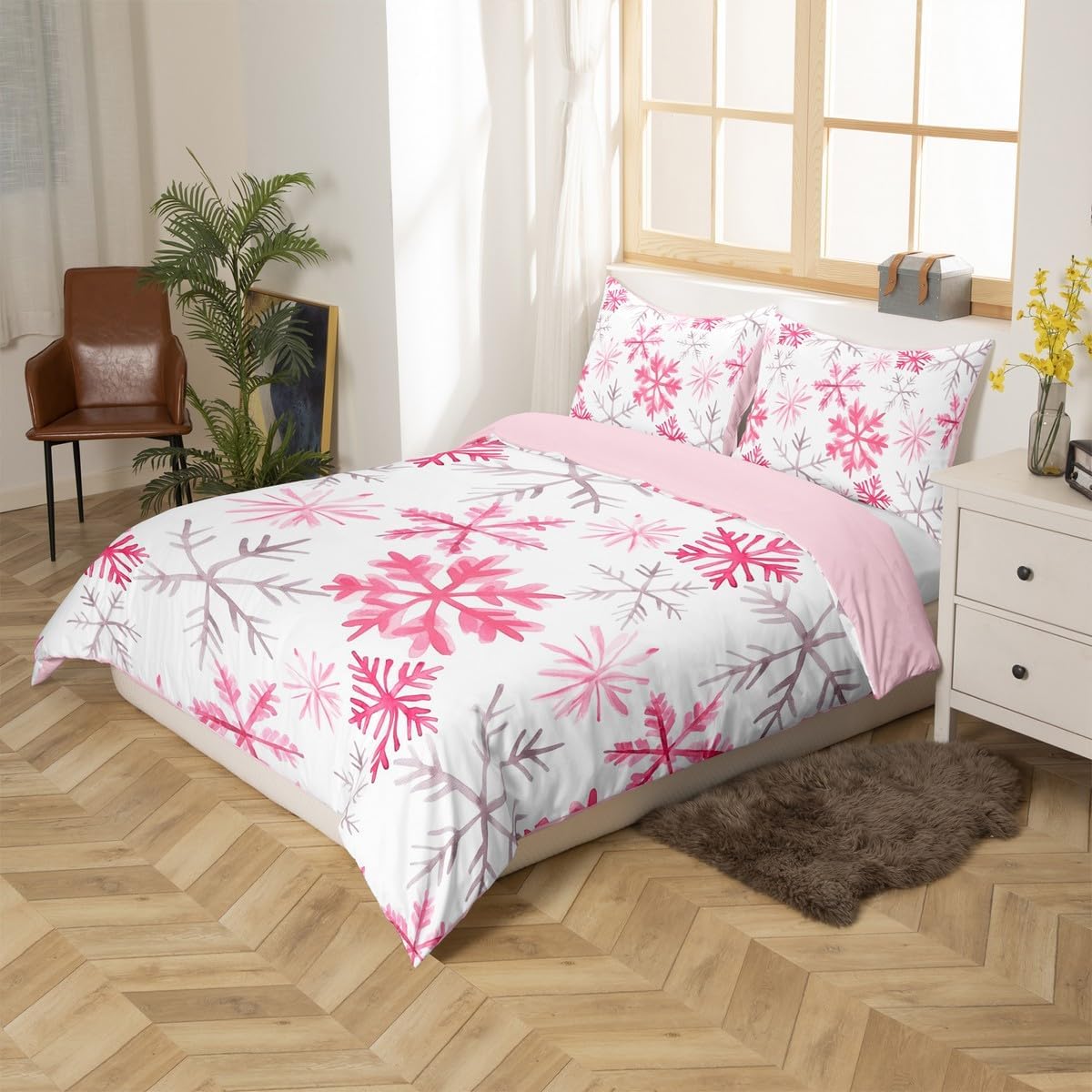 Feelyou Christmas Duvet Cover King Size Xmas Snowflakes Bedding Set for Boys Girls White Comforter Cover Winter Theme Bedroom Decor 3Pcs