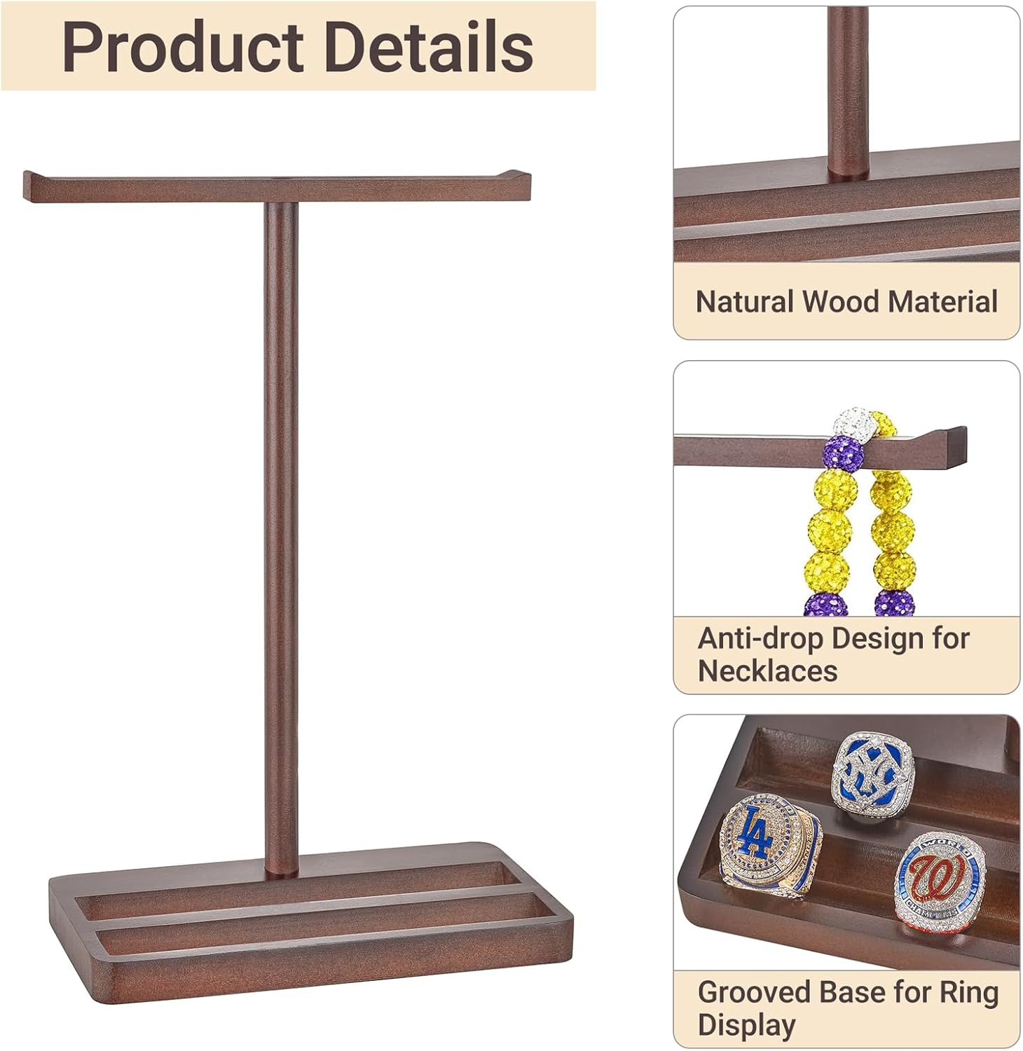 Mkono Wooden Baseball Drip Necklace Organizer Holder, Championship Ring Display Holder, Softball Ring Holder Baseball Gifts for Boy Team Player Men Home Bedroom Decor - Image 5