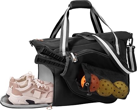 35L Pickleball Tote Bag with Shoe Compartment, Foldable Travel Duffel Bag for Women Mens, Pickleball Paddles Holder, 3 in 1 Versatile Travelling Sport Gym Hospital Holdall Mirror Black, 35L