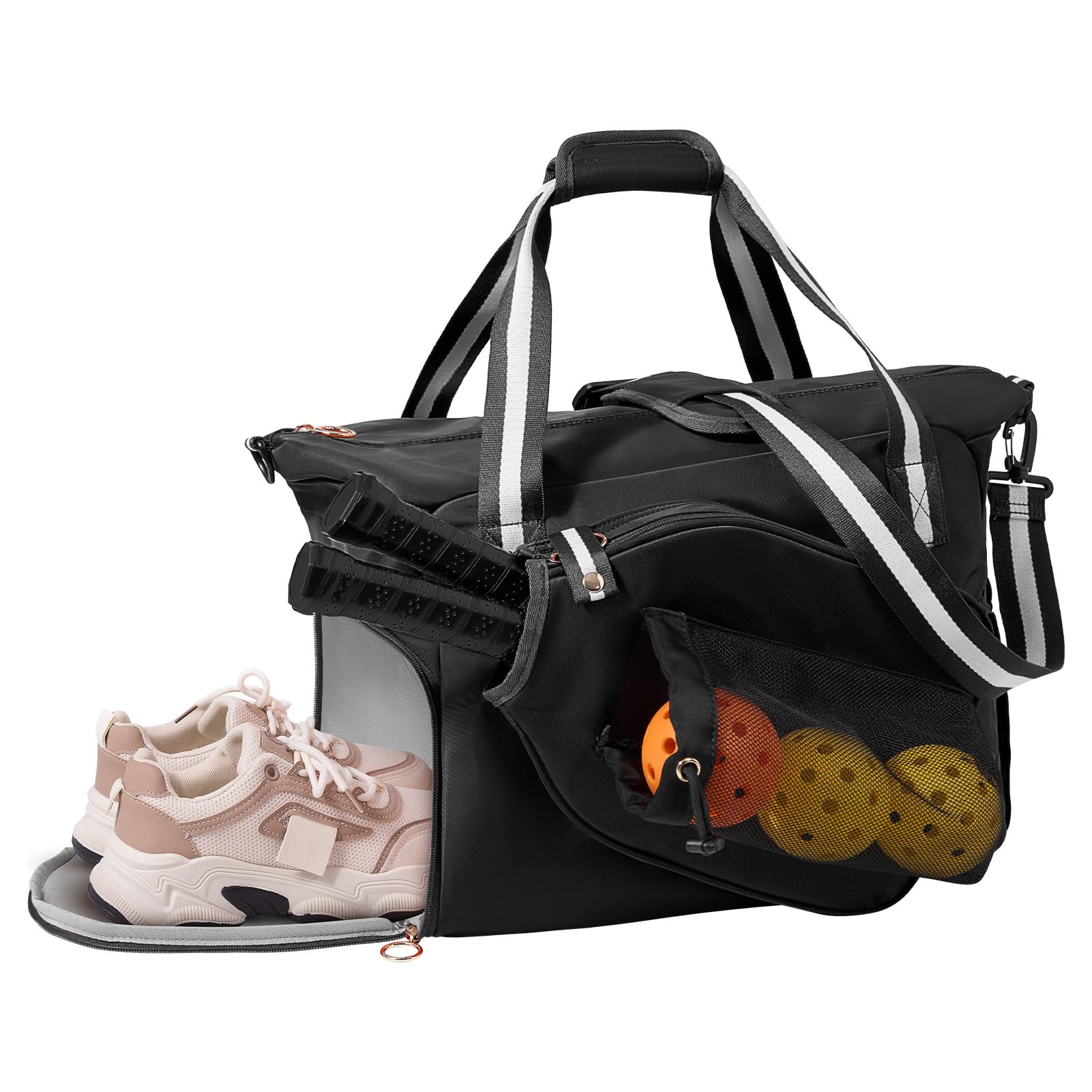 35L Pickleball Tote Bag with Shoe Compartment, Foldable Travel Duffel Bag for Women Mens, Pickleball Paddles Holder, 3 in 1 Versatile Travelling Sport Gym Hospital Holdall, Orange (Mirror Black, 35L)