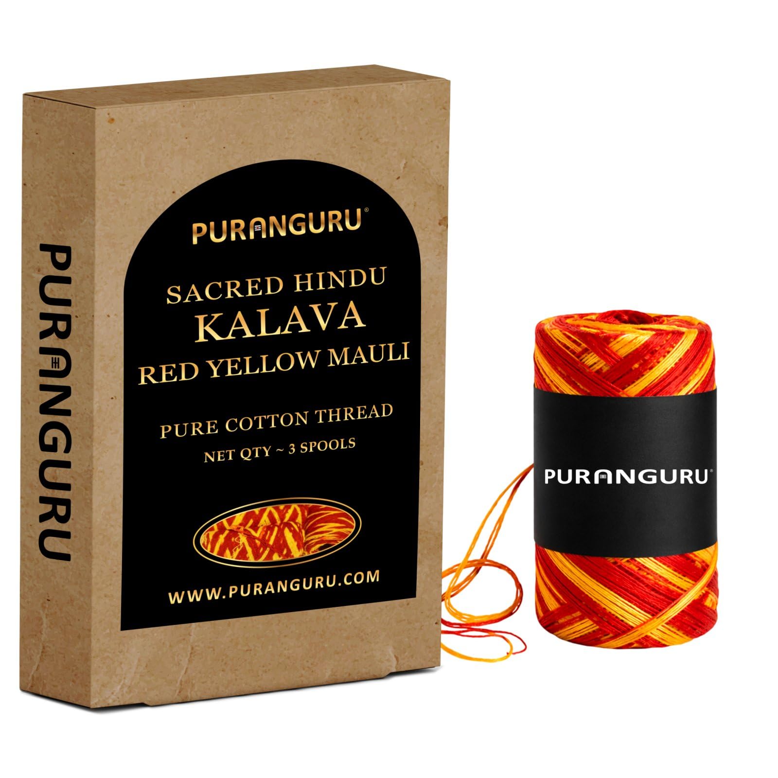 PuranGuru Handmade Red Yellow Kalava Moli Thread | 3 Spools x 50 Meters | Pure Cotton Kalawa Mauli | Religious Puja Rakhi Dhaaga | Sacred Hindu Pooja Nadachhadi Raksha Sutra | Wrist Band Laccha Roll