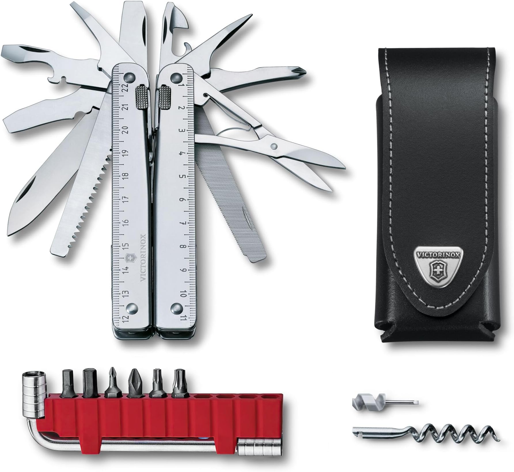 Swiss Tool X Plus Ratchet Swiss Army Knife, 35 Function Swiss Made Multi-Tool with Needle-nose pliers, Wire Cutter, Crate Opener and Large Blade - Silver